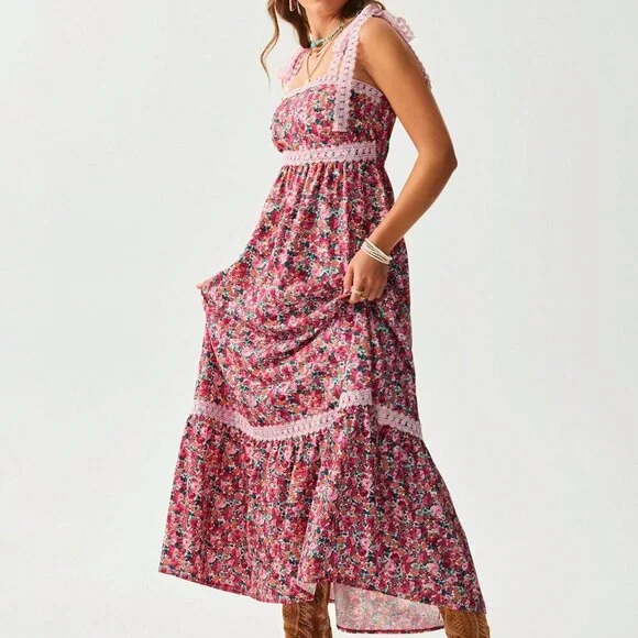 Pink Boho Women's Cowgirl Style Floral Lace Patchwork Dress